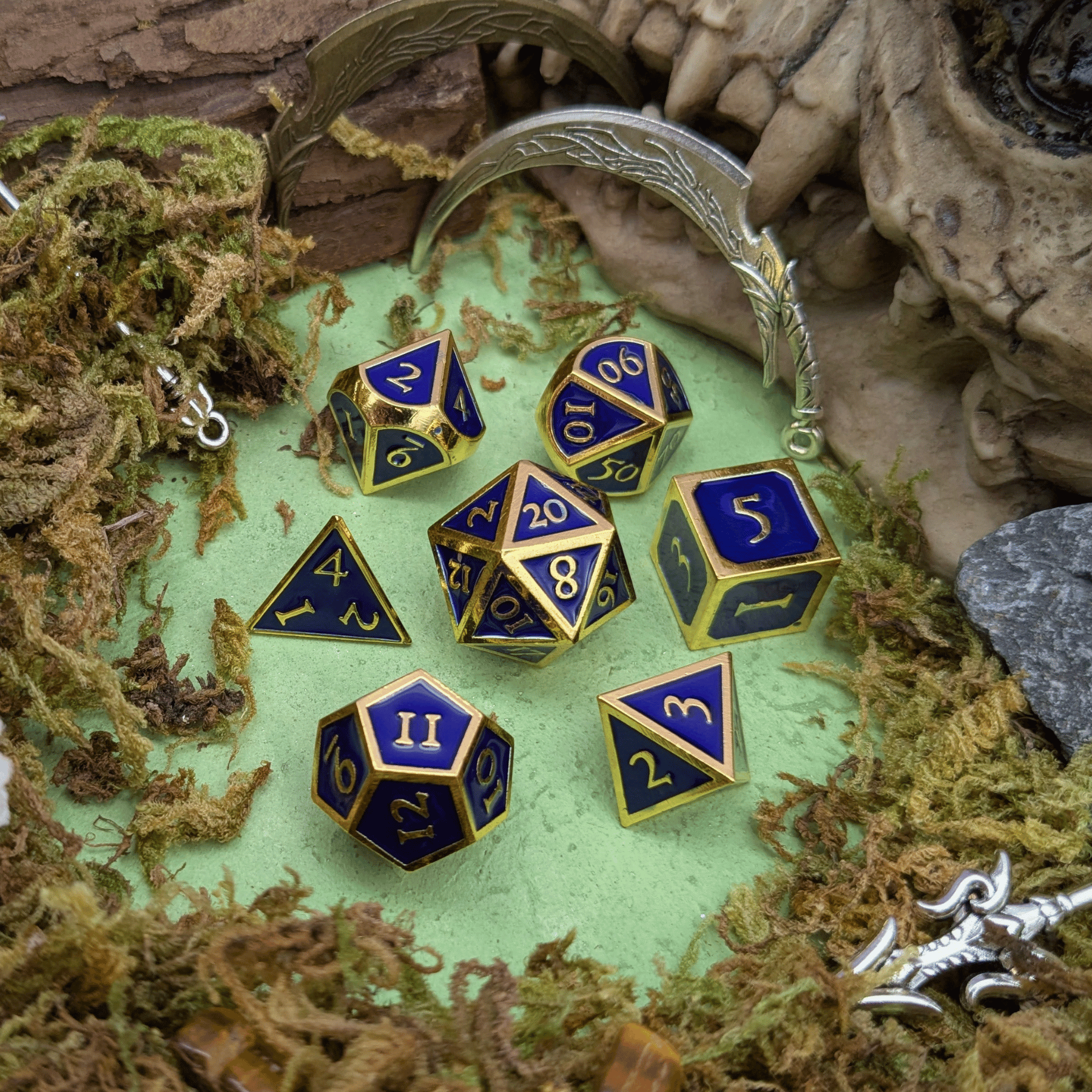 Blue and Gold Metal Dice Set
