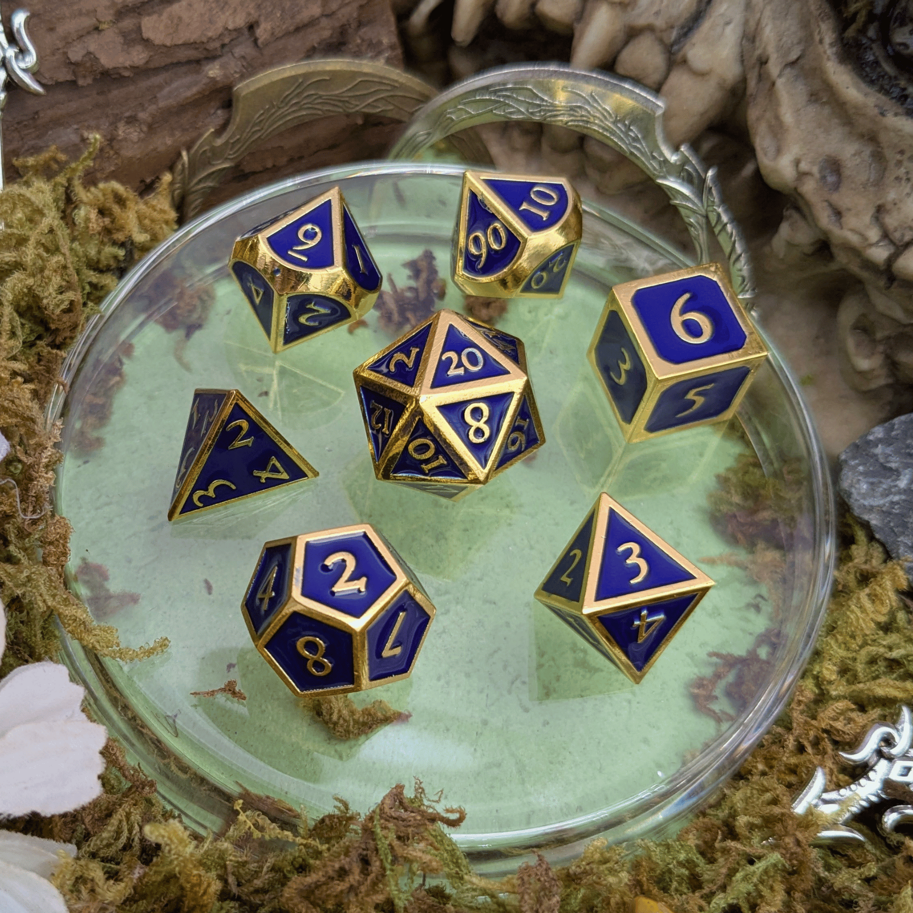 Blue and Gold Metal Dice Set
