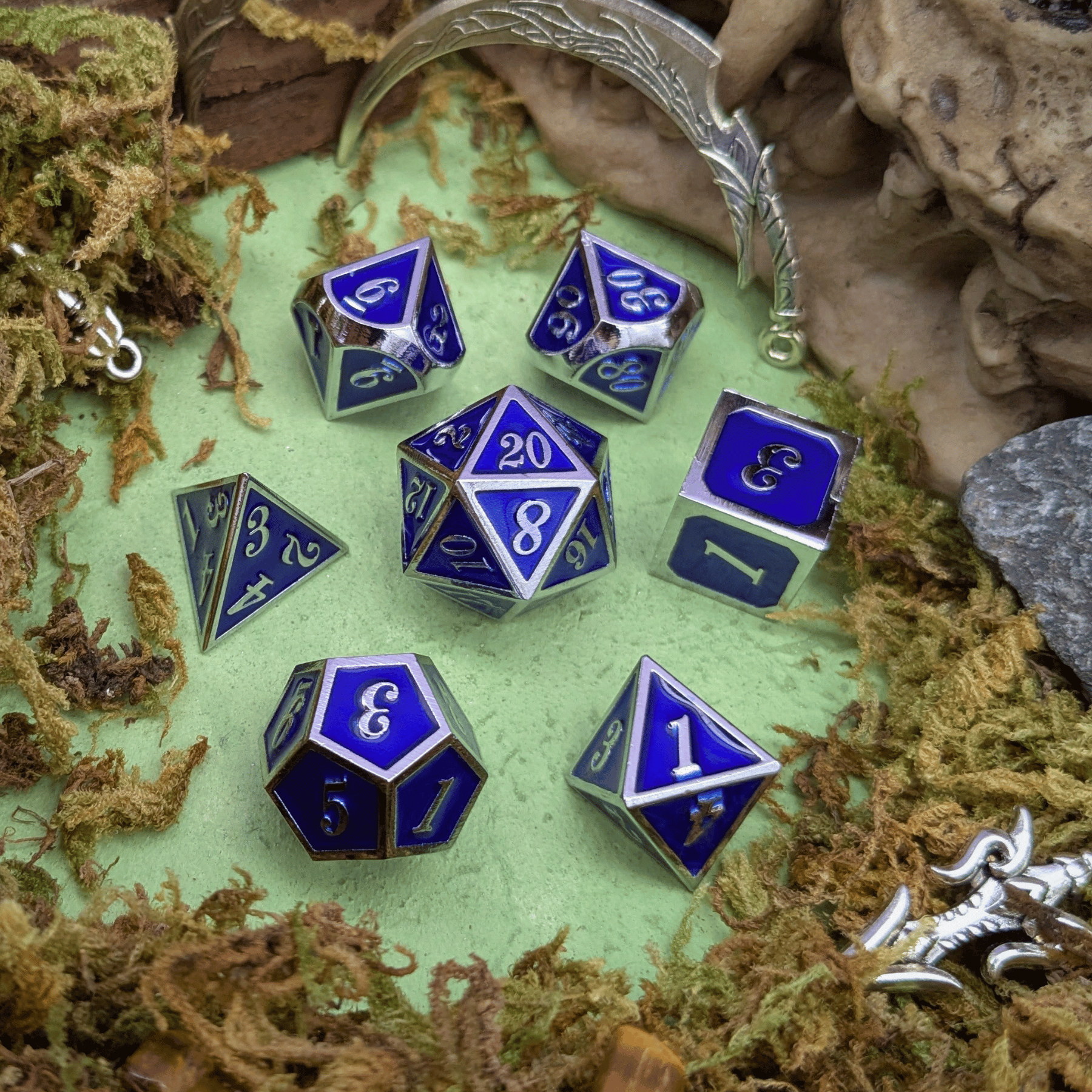 Simple Dark Blue and Silver Metal Core Dice Set