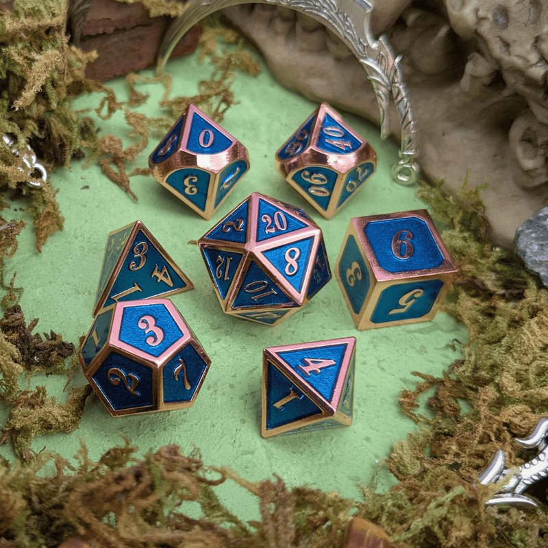Blue and Rose Gold Metal Dice Set