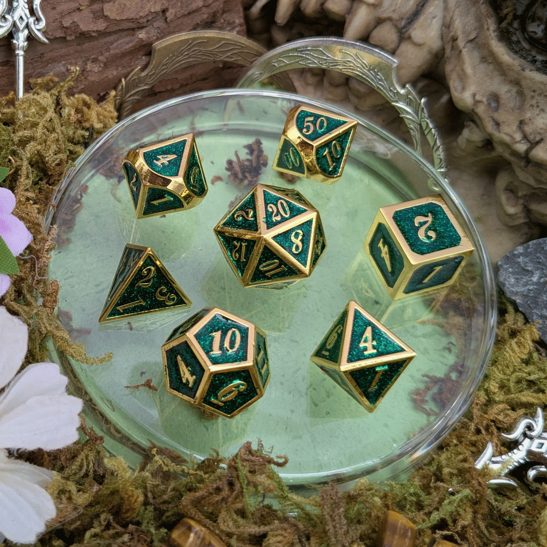 Green and Gold Metal Dice Set