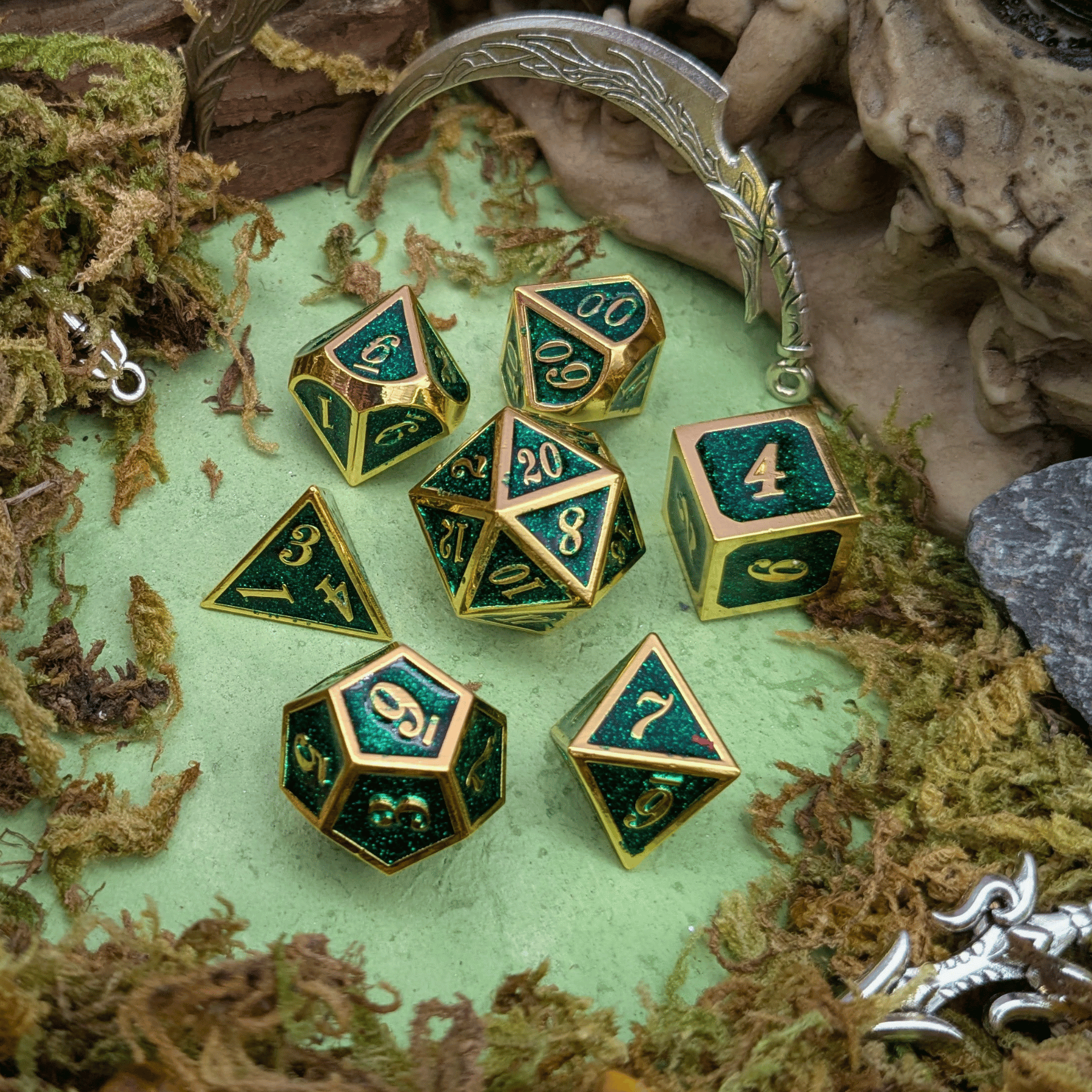 Green and Gold Metal Dice Set