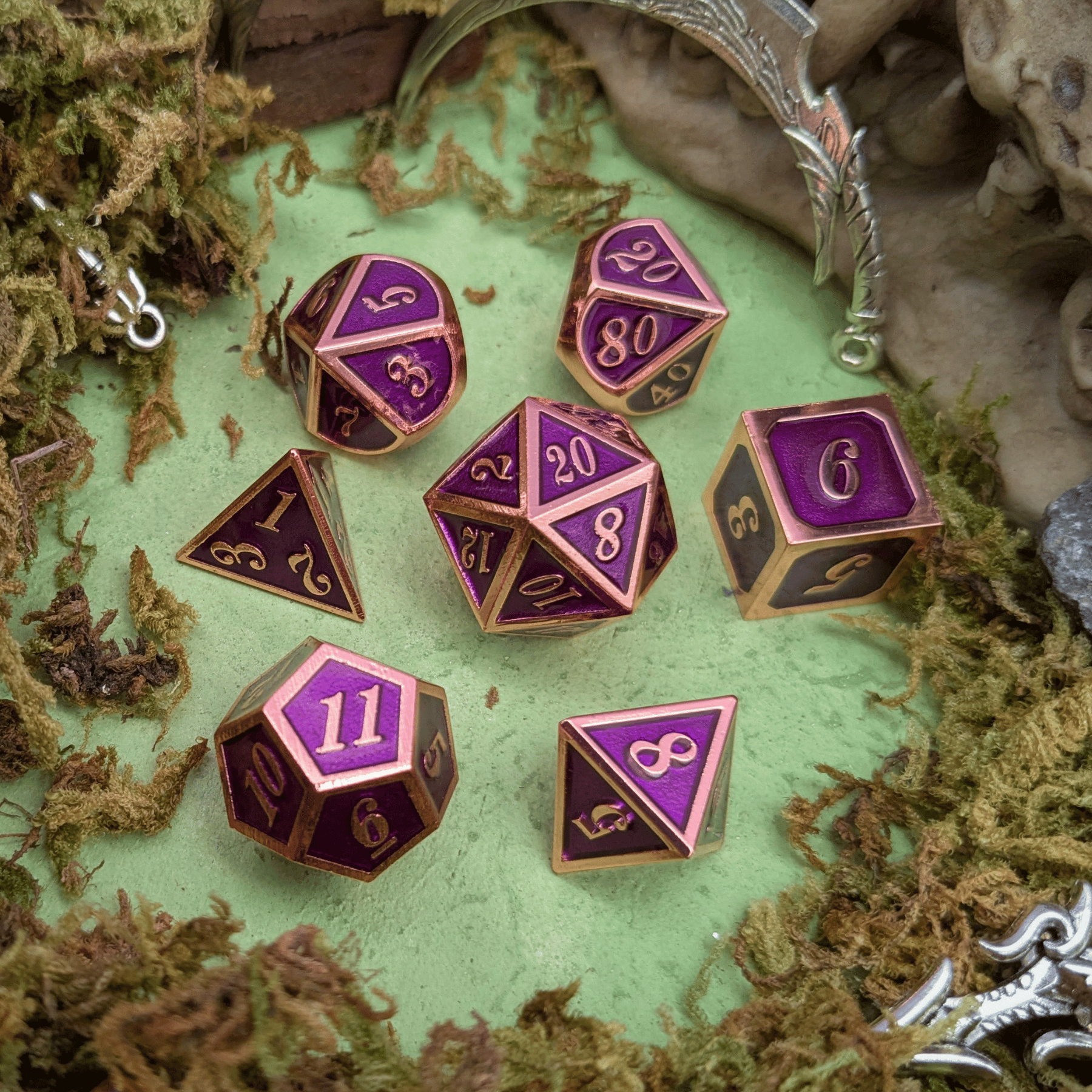 Purple and Rose Gold Metal Dice Set