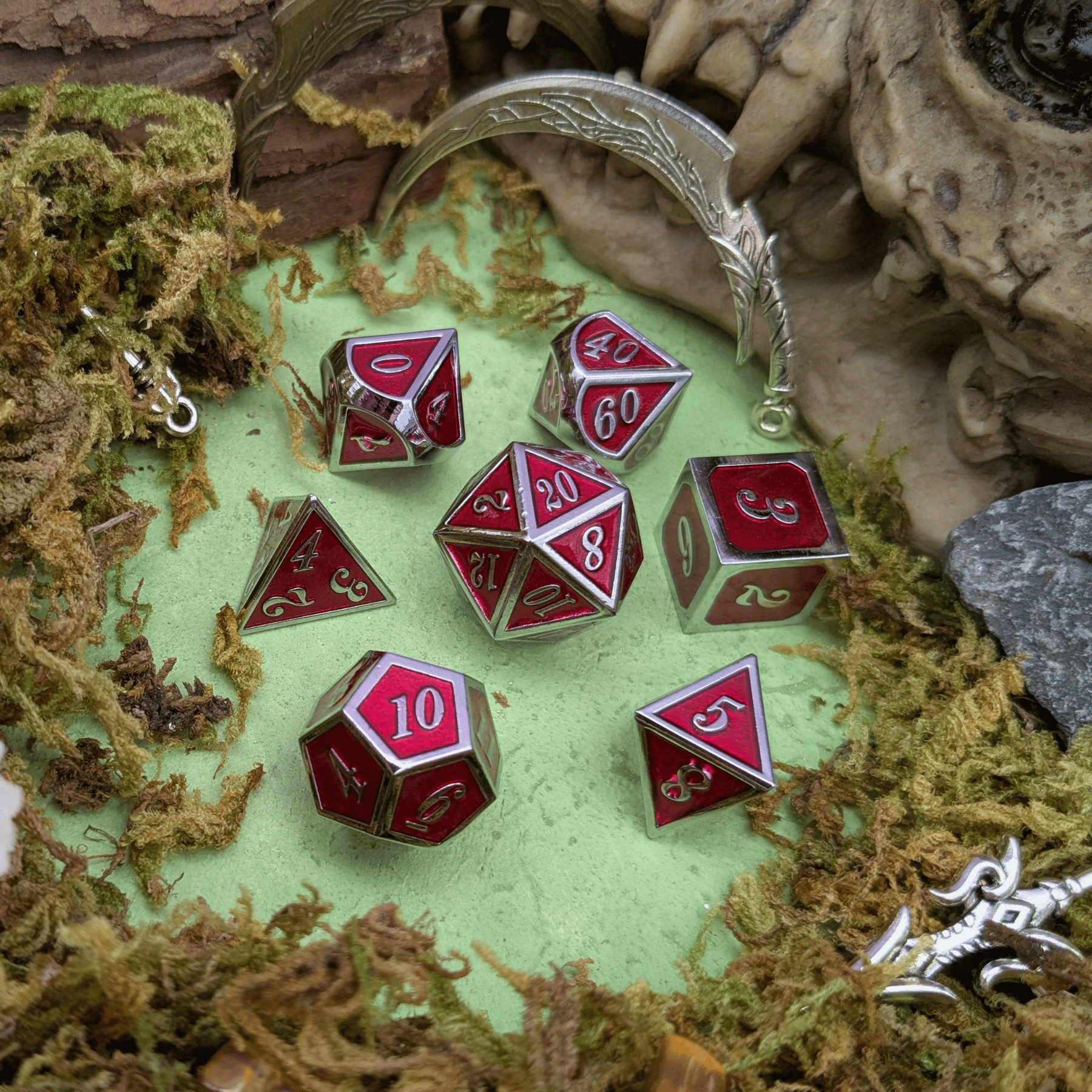 Red and Silver Metal Dice Set