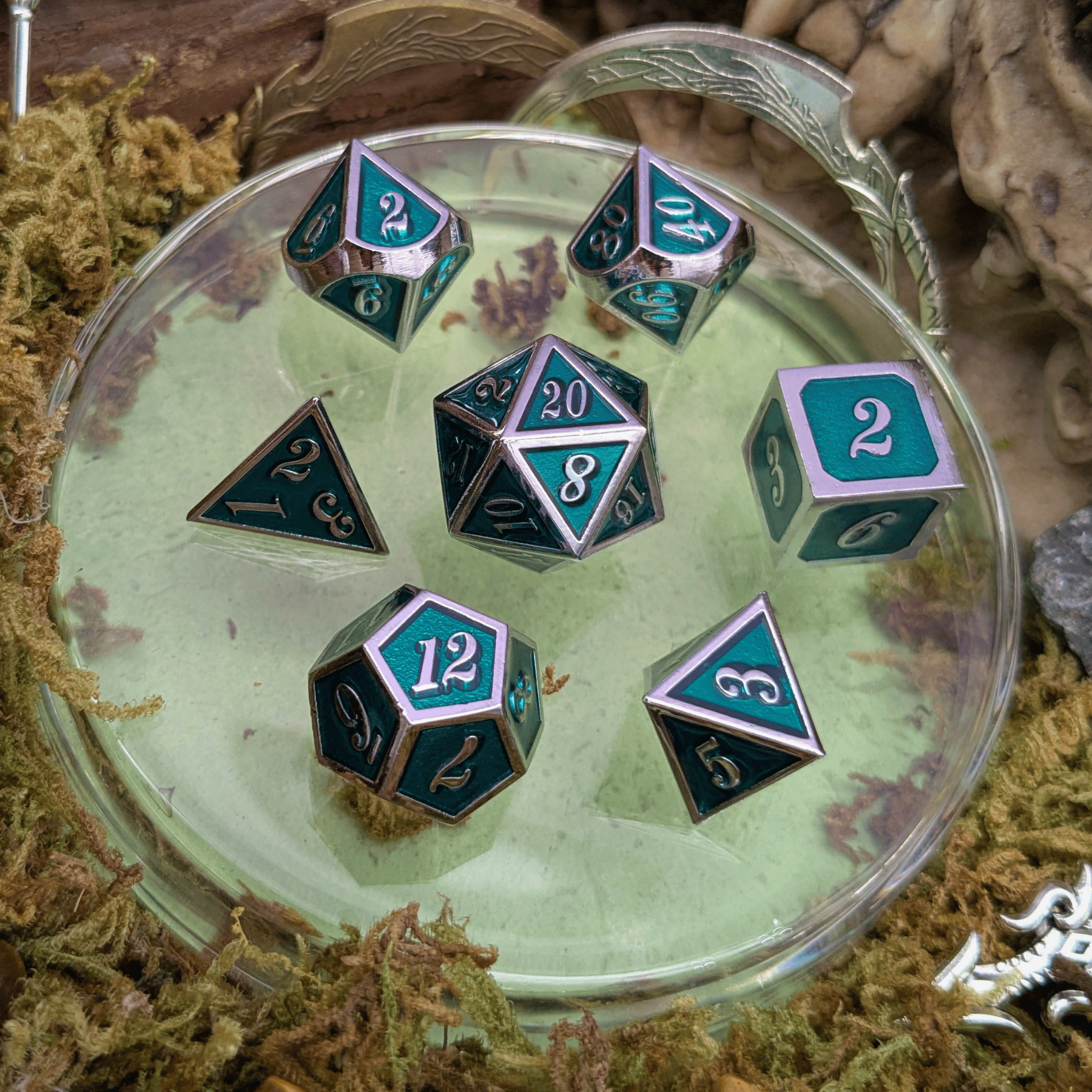 Simple Green and Silver Metal Core Dice Set