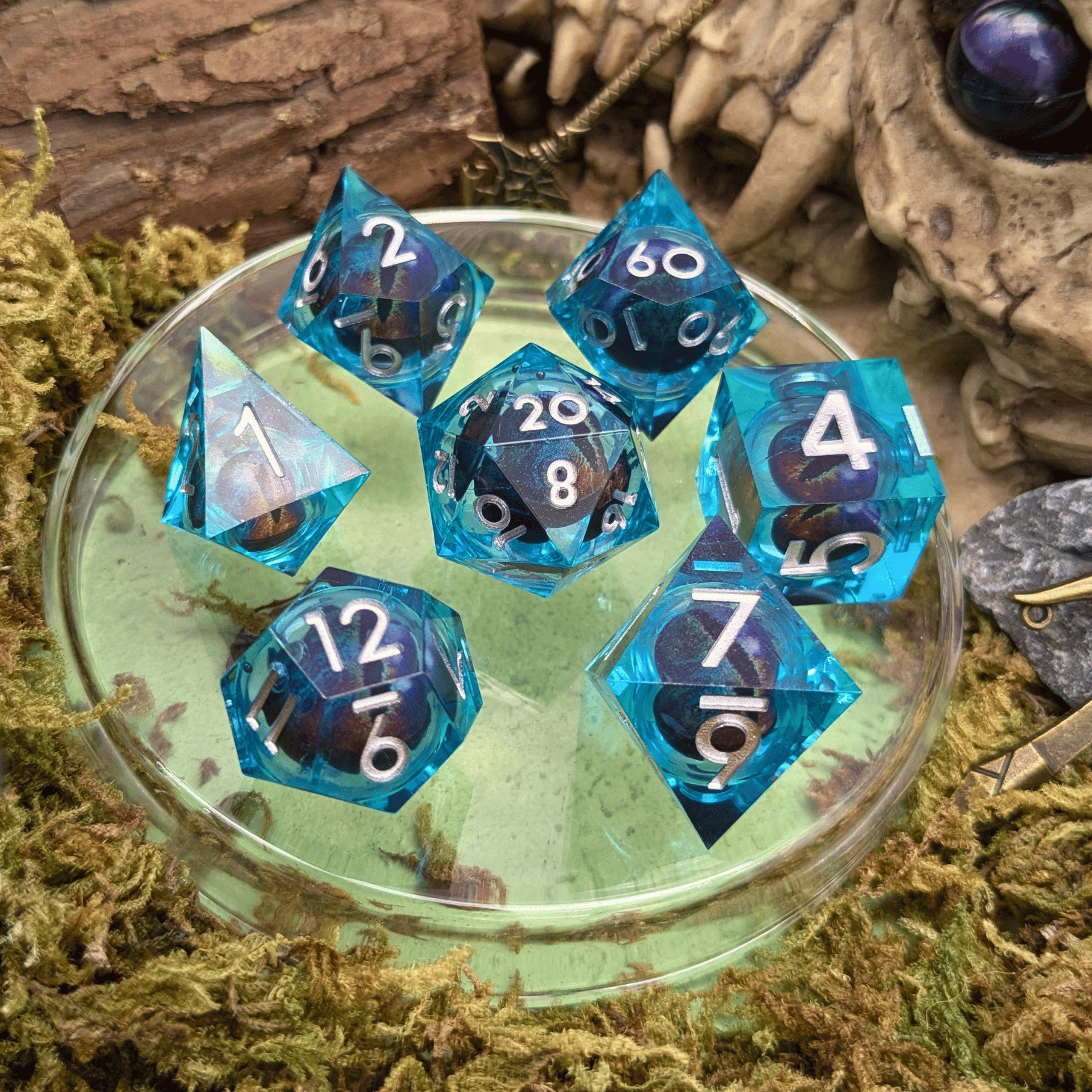 Light Blue Snake Eye Liquid Core Dice Set