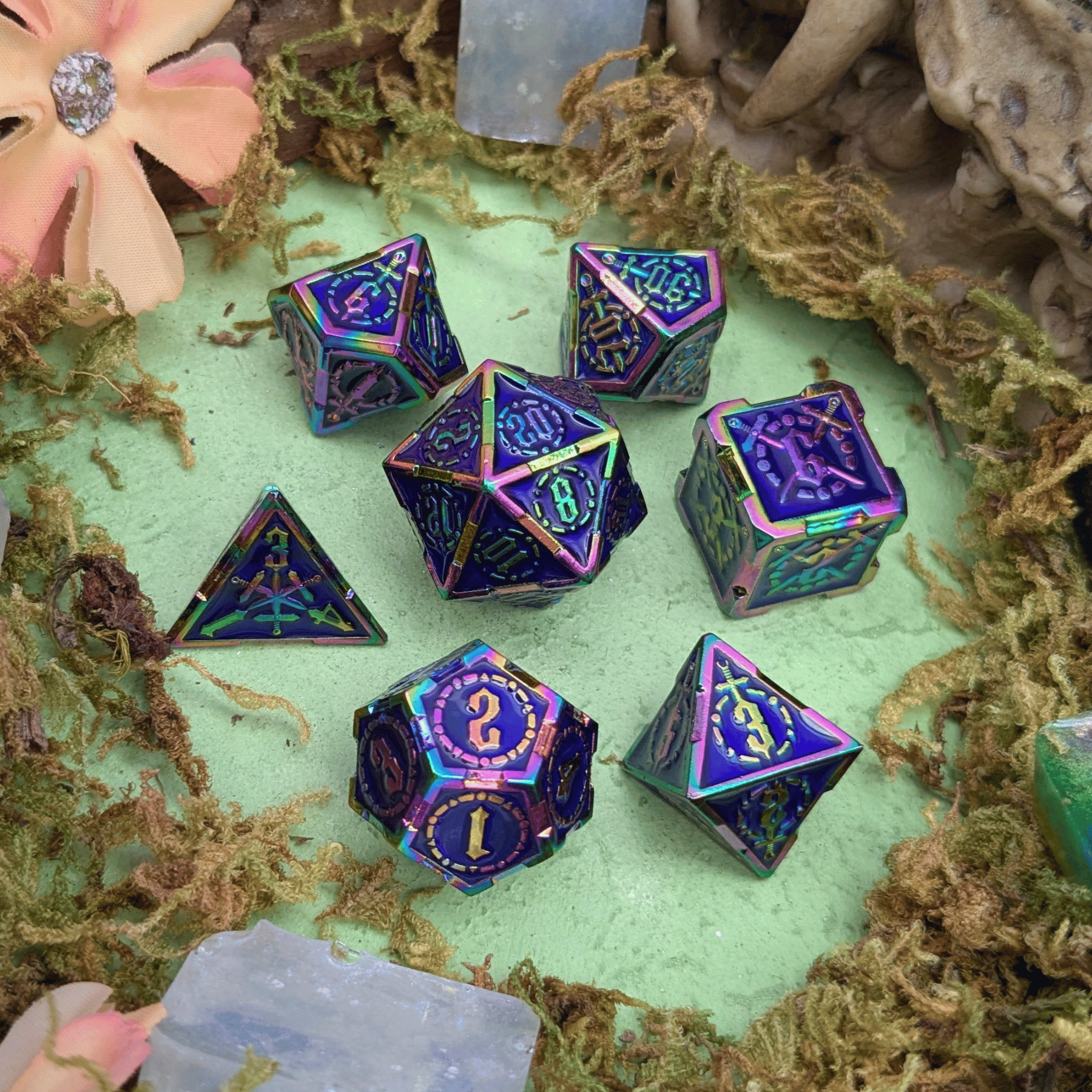 Swords Blue and Rainbow Metal Core Dice Set