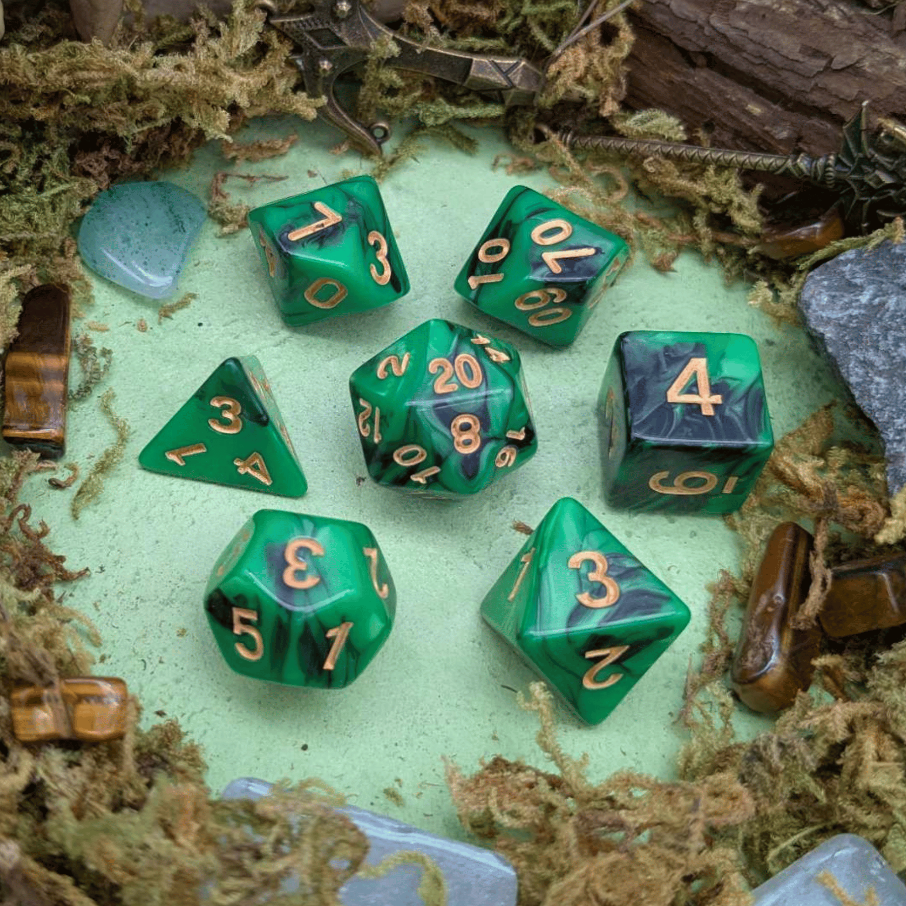 Green and Black Tie-Dye Dice Set