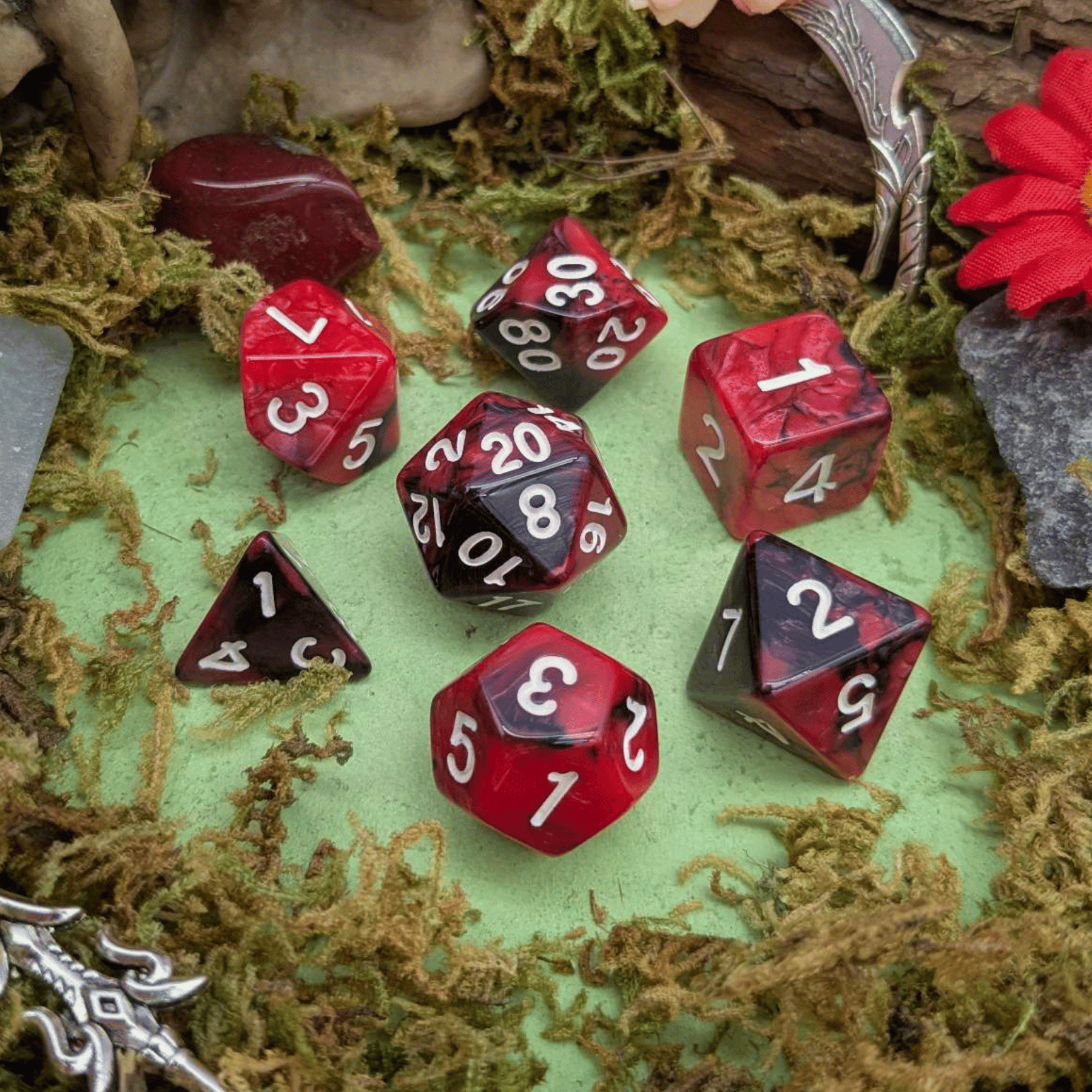 Red and Black Tie-Dye Dice Set