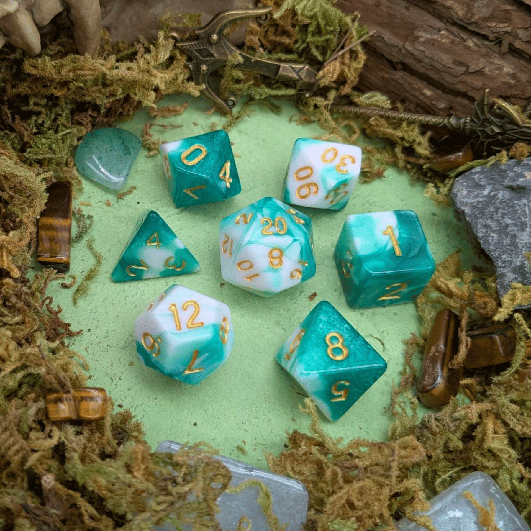 Two Tone Green White Dice Set