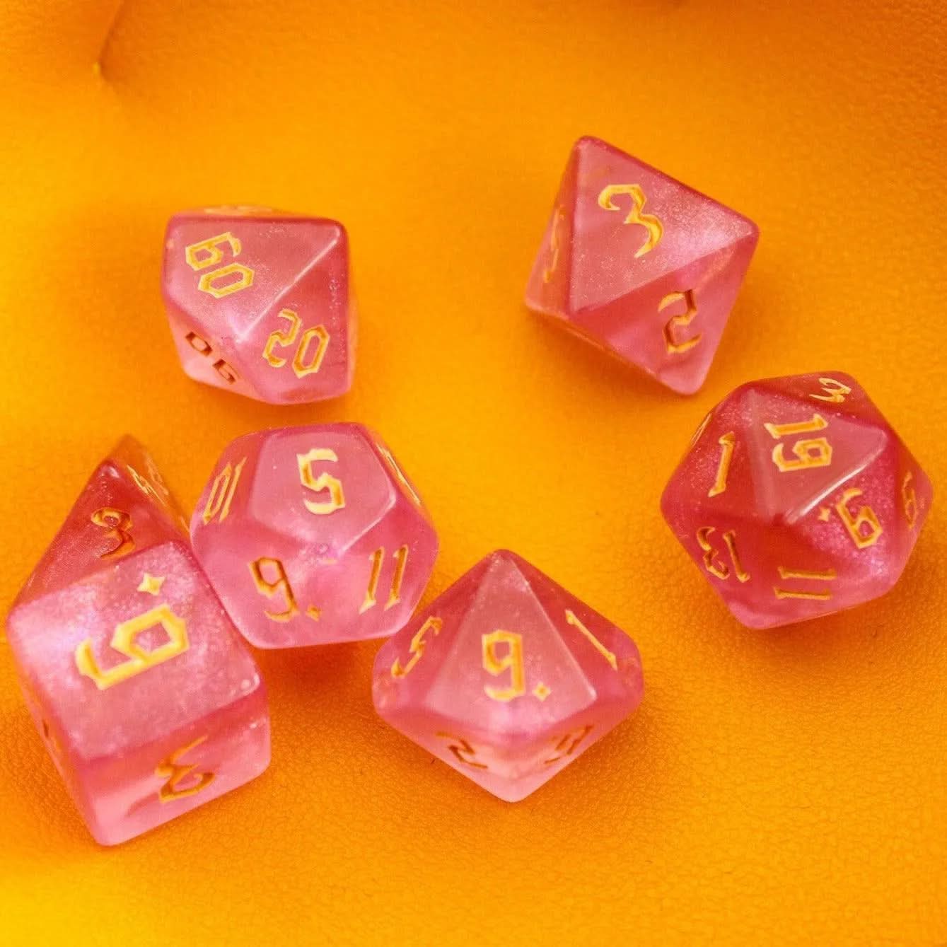Sparkle Pink TTRPG Dice Set | With gold specks Inside | Green Dice (7) | Polyhedral Dice