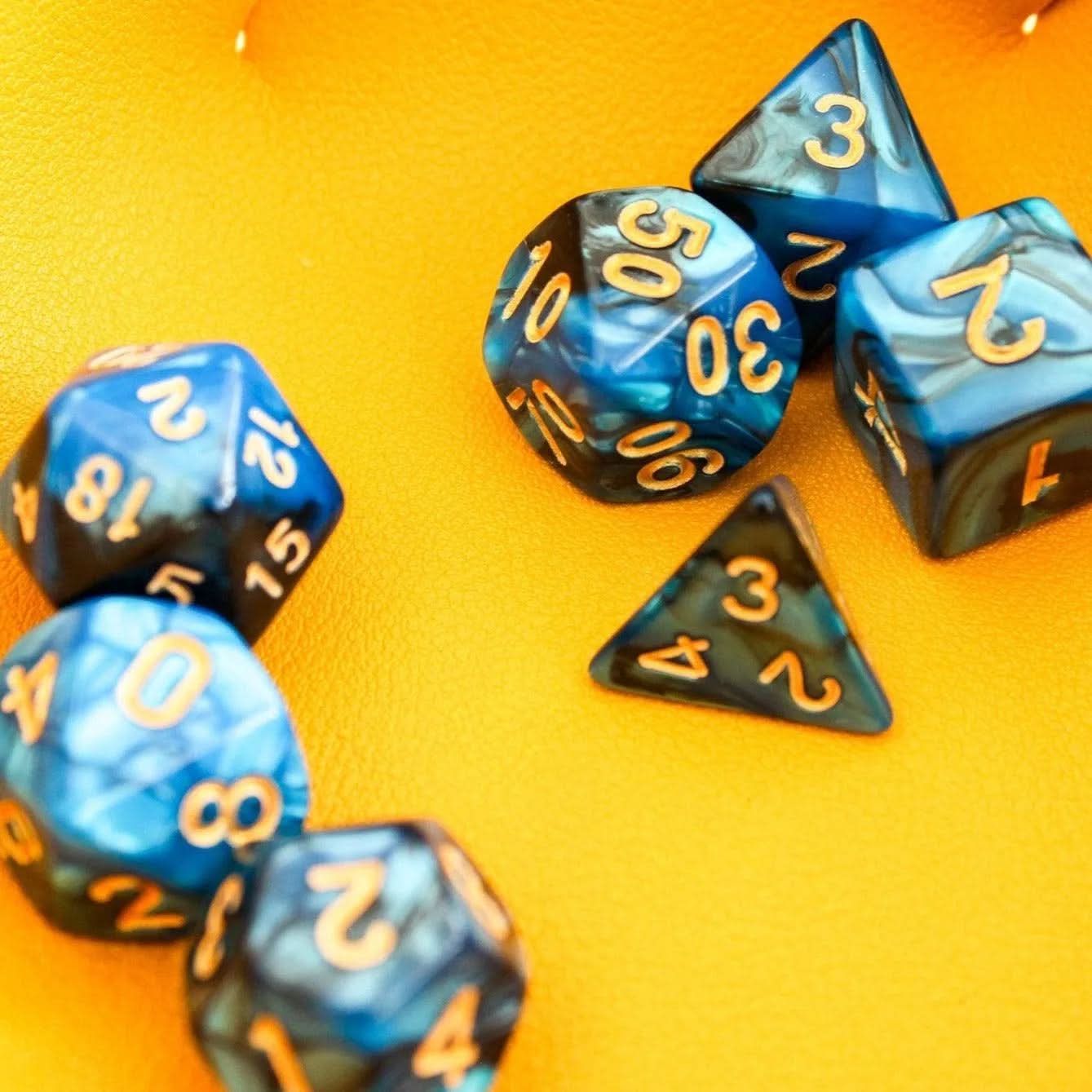 Black and Blue Swirl TTRPG Dice Set| Dice (7) | Polyhedral Dice