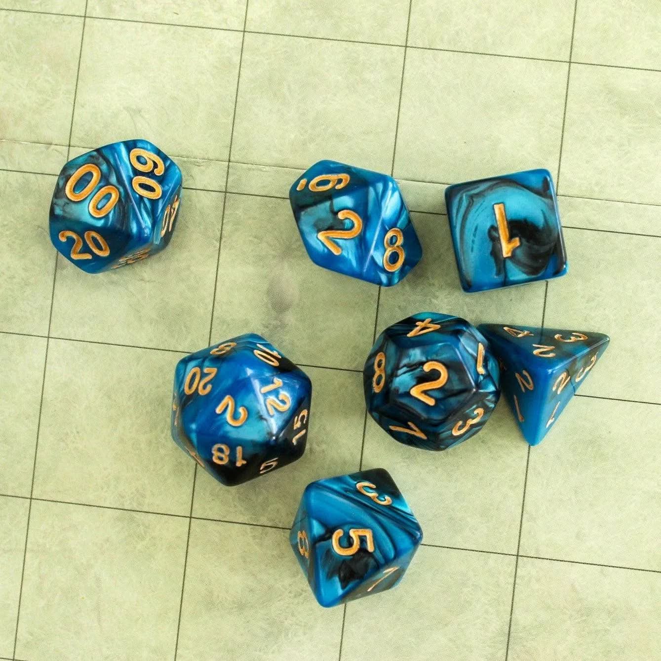 Black and Blue Swirl TTRPG Dice Set| Dice (7) | Polyhedral Dice