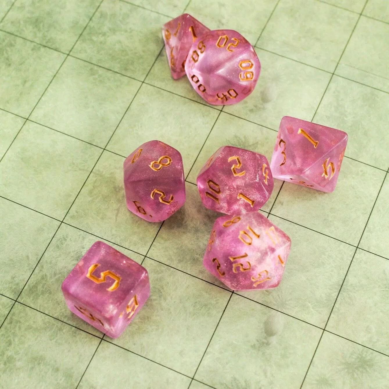 Sparkle Pink TTRPG Dice Set | With gold specks Inside | Green Dice (7) | Polyhedral Dice