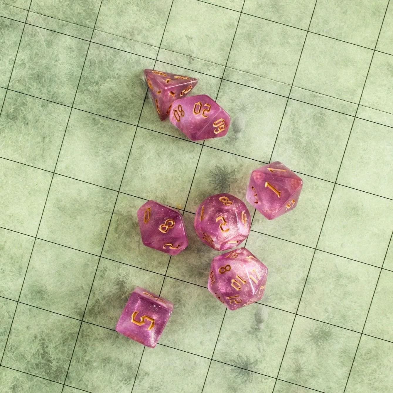Sparkle Pink TTRPG Dice Set | With gold specks Inside | Green Dice (7) | Polyhedral Dice