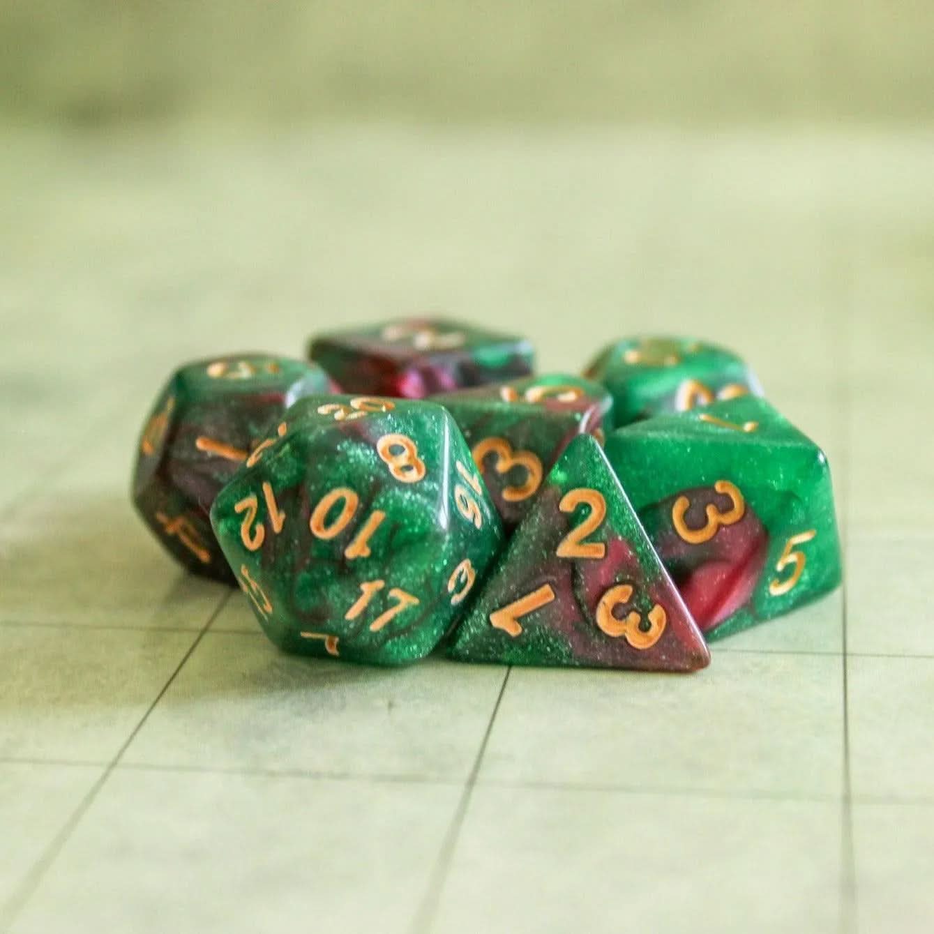Galaxy Dice Set | Green Dice Red Dice Orange RPG Dice for TTRPG | (7) | Polyhedral Dice