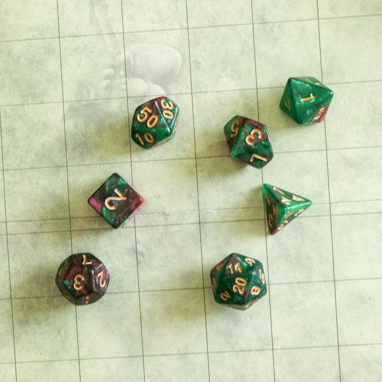 Green and Red Galaxy Dice Set