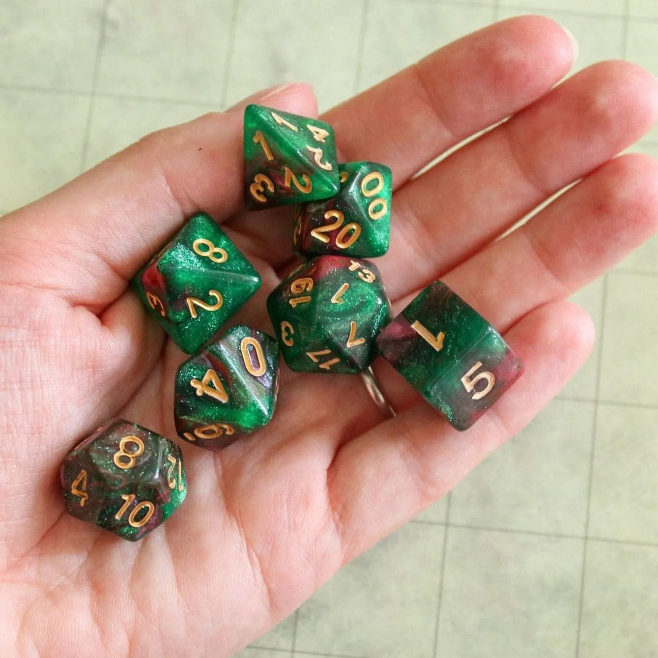 Galaxy Dice Set | Green Dice Red Dice Orange RPG Dice for TTRPG | (7) | Polyhedral Dice
