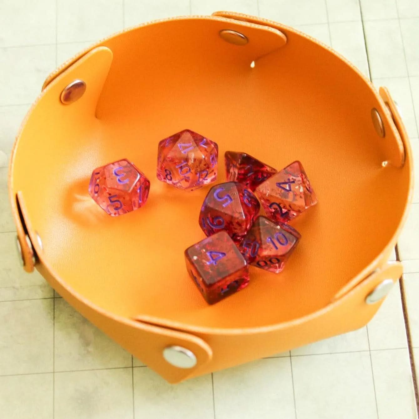 Dark Red TTRPG Dice Set See Through Transparent Glitter Pieces Blue Writing Deep Red | Blue Dice (7) | Polyhedral Dice