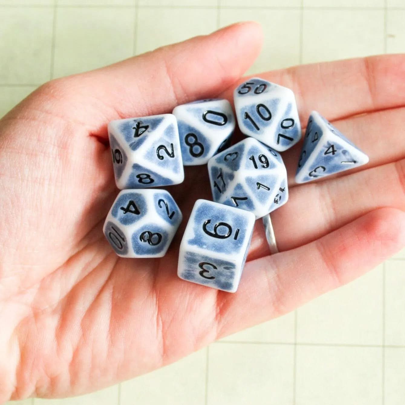 Archaic Blue and White TTRPG Dice Set | Blue Dice (7) | Polyhedral Dice Old Dice Faded Look Vintage