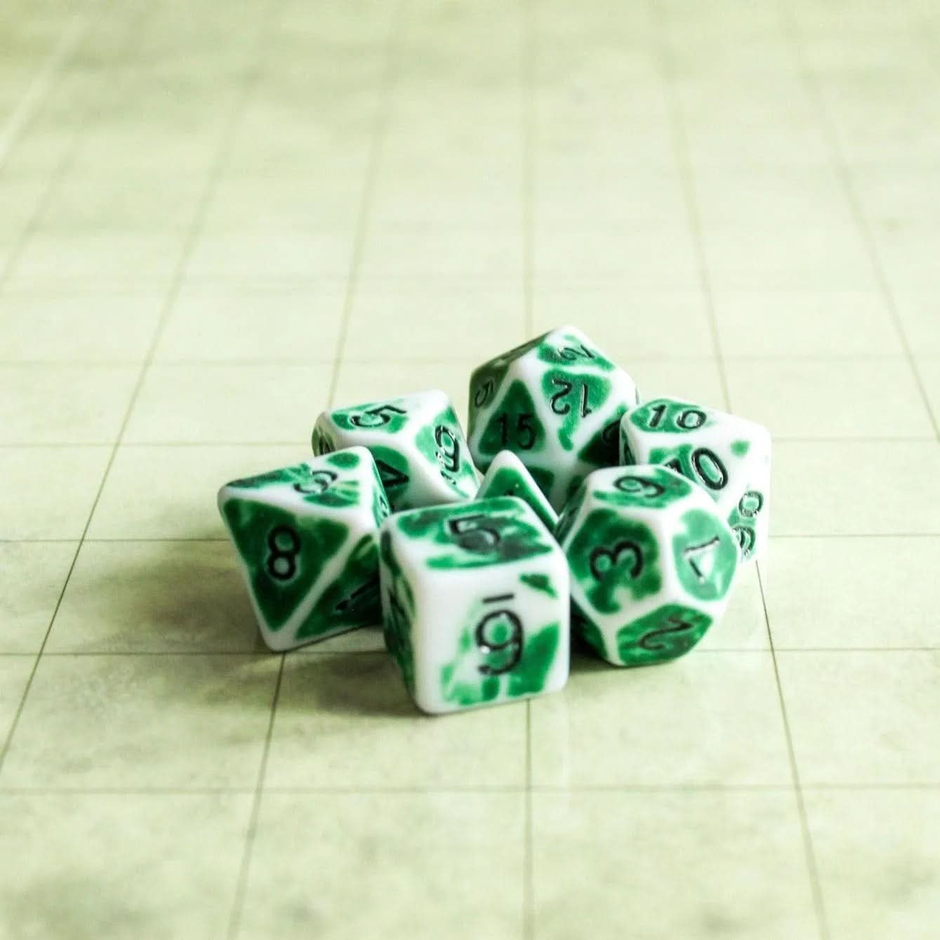 Archaic Green and White TTRPG Dice Set | Blue Dice (7) | Polyhedral Dice Faded Dice Vintage worn look