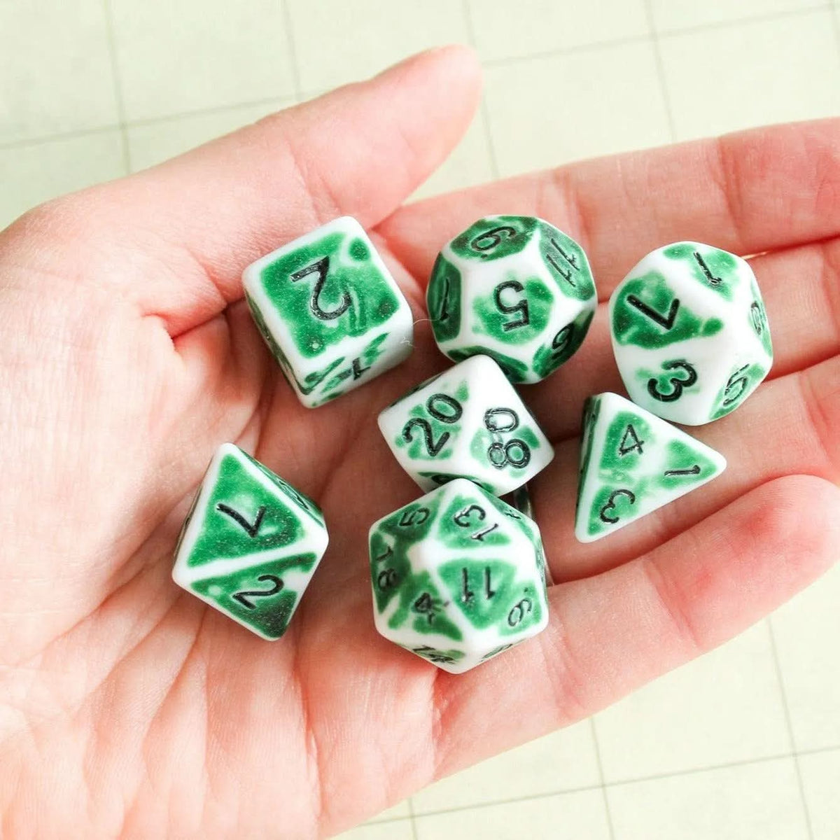 Archaic Green and White TTRPG Dice Set | Blue Dice (7) | Polyhedral Dice Faded Dice Vintage worn look