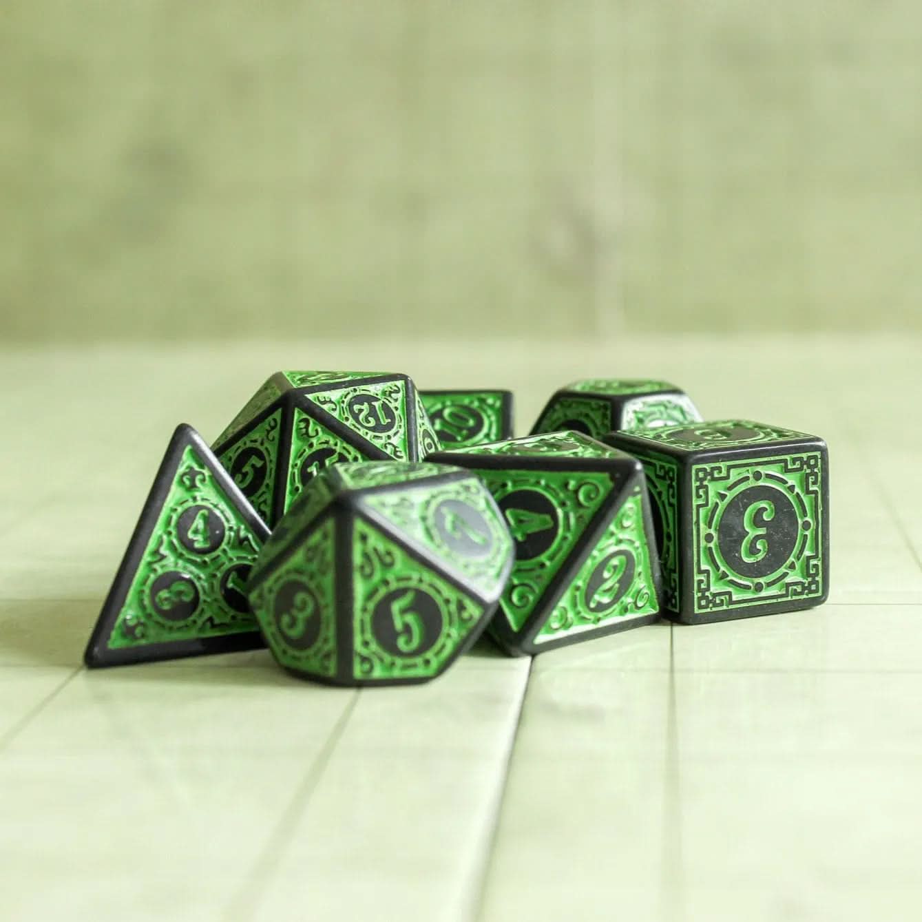 Green Zoltar TTRPG Dice Set | Green Zoltar Dice (7) | Polyhedral Dice | TTRPG | Chunky Dice | Old Fahsioned | Black Lined
