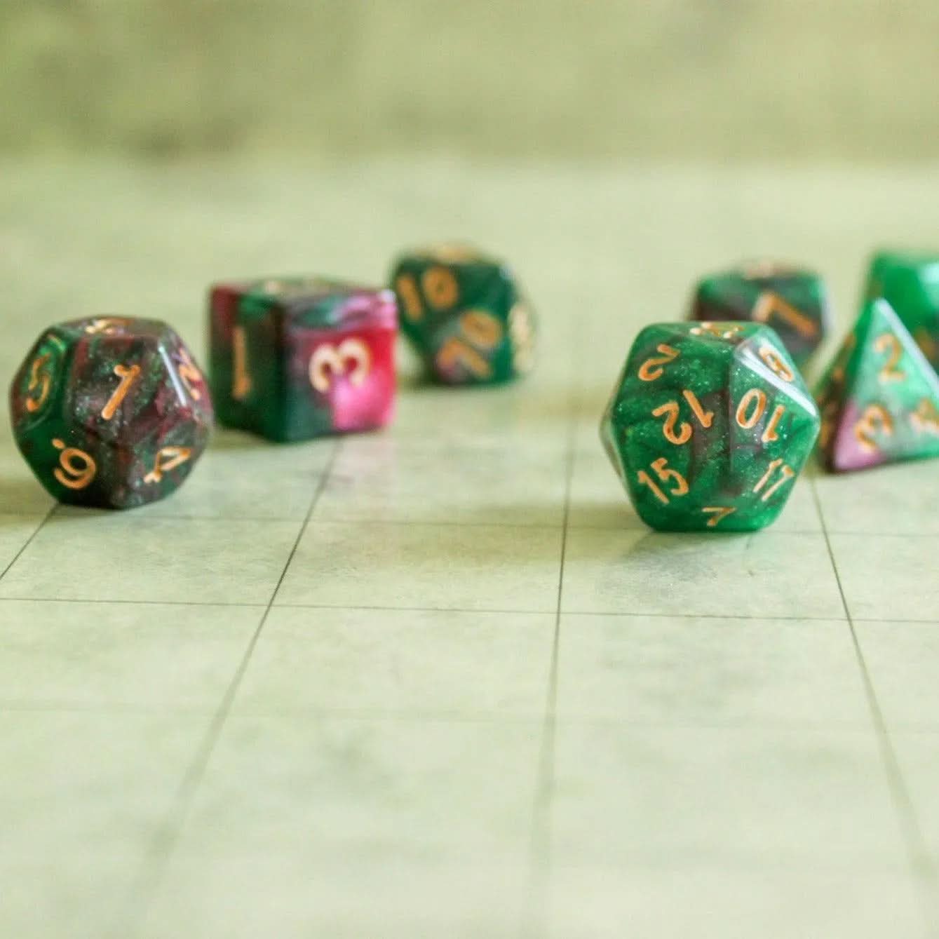 Galaxy Dice Set | Green Dice Red Dice Orange RPG Dice for TTRPG | (7) | Polyhedral Dice