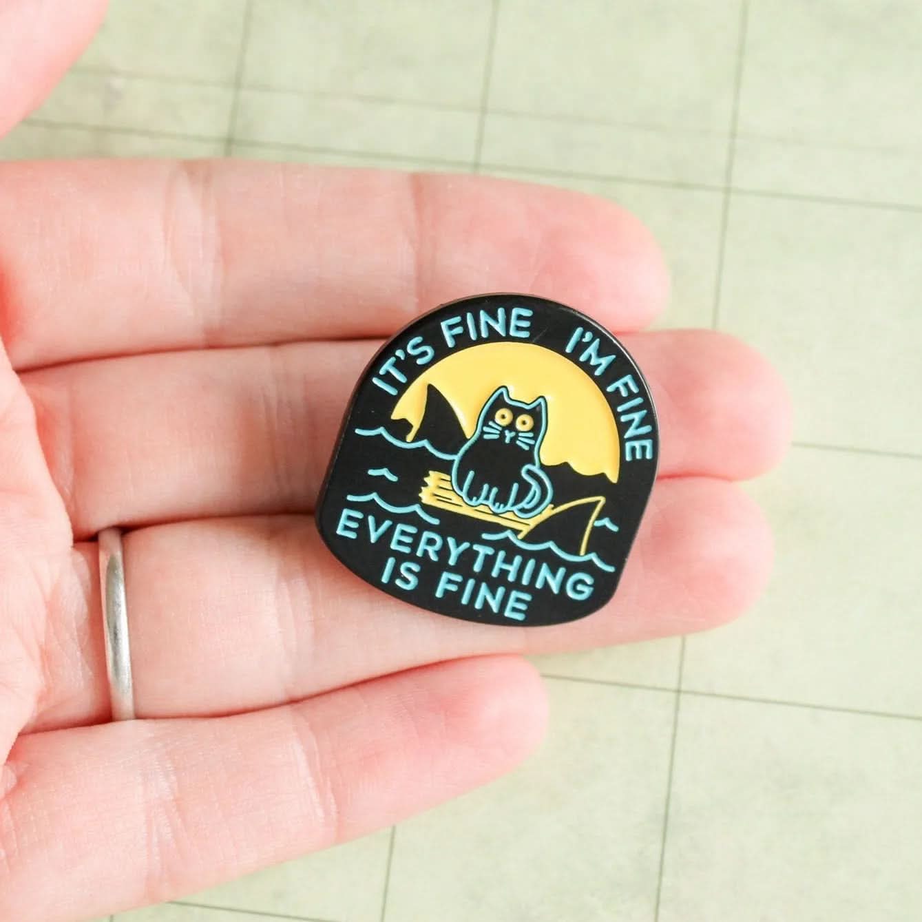 TTRPG Gift It's Fine I'm Fine Everything's Fine Sea Cat Badge Enamel Pin Broach | D&D Humorous Pin TTRPG RPG