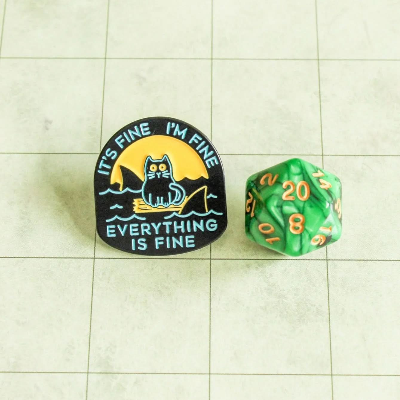 TTRPG Gift It's Fine I'm Fine Everything's Fine Sea Cat Badge Enamel Pin Broach | D&D Humorous Pin TTRPG RPG
