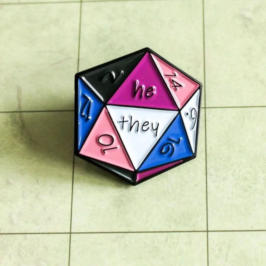 TTRPG He/They Enamel Pin, D20 Black White Pink Purple non-binary he they pronoun badge pride - MysteryDiceGoblins