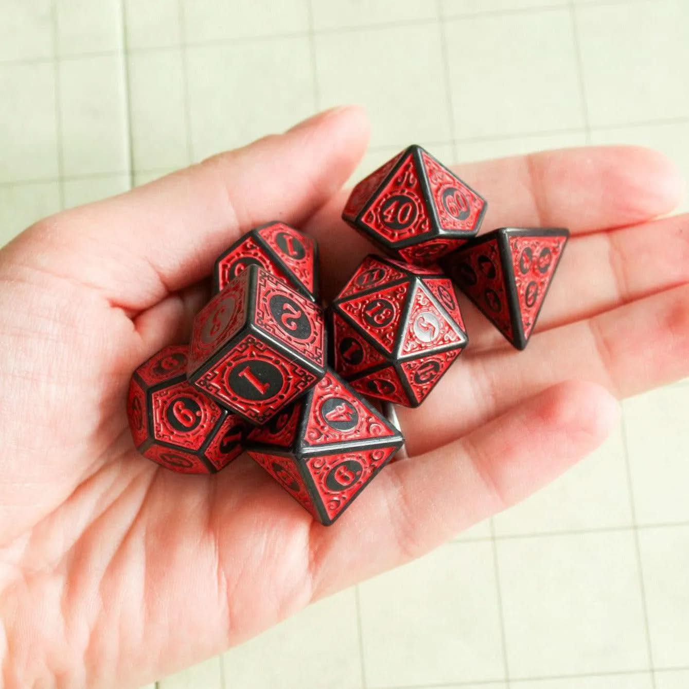 Red Zoltar TTRPG Dice Set | Red Zoltar Dice (7) | Polyhedral Dice | TTRPG | Chunky Dice | Old Fahsioned | Black Lined - MysteryDiceGoblins