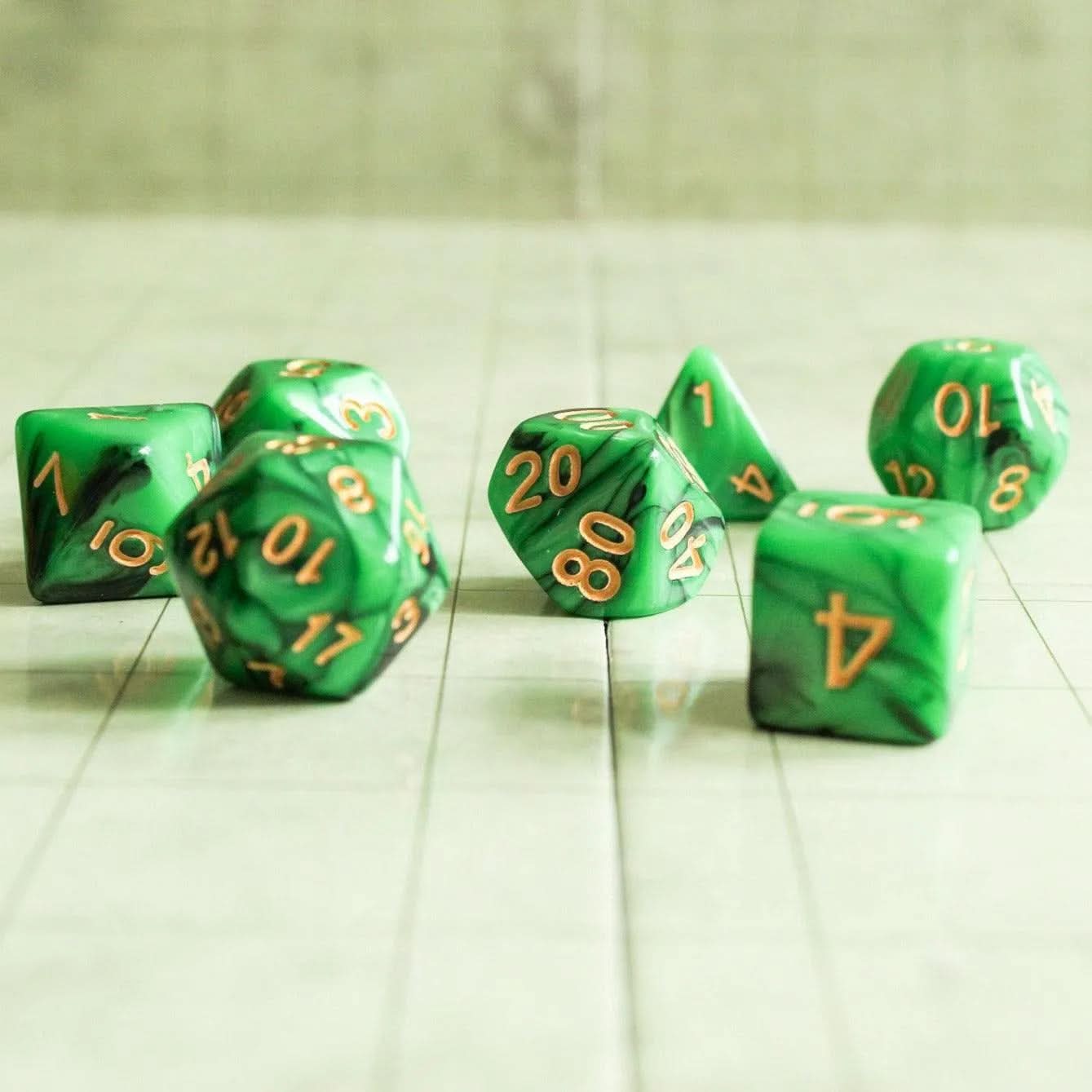 Green Slush TTRPG Dice Set | With gold writing | Green Dice (7) | Polyhedral Dice | Two Tone Black and Green - MysteryDiceGoblins