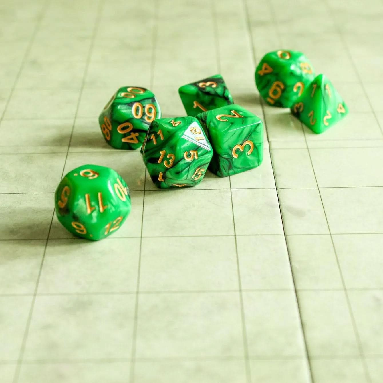 Green Slush TTRPG Dice Set | With gold writing | Green Dice (7) | Polyhedral Dice | Two Tone Black and Green - MysteryDiceGoblins