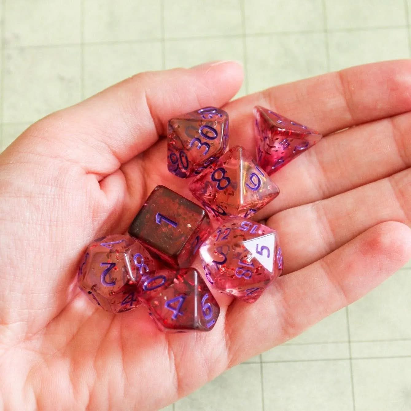 Dark Red TTRPG Dice Set See Through Transparent Glitter Pieces Blue Writing Deep Red | Blue Dice (7) | Polyhedral Dice