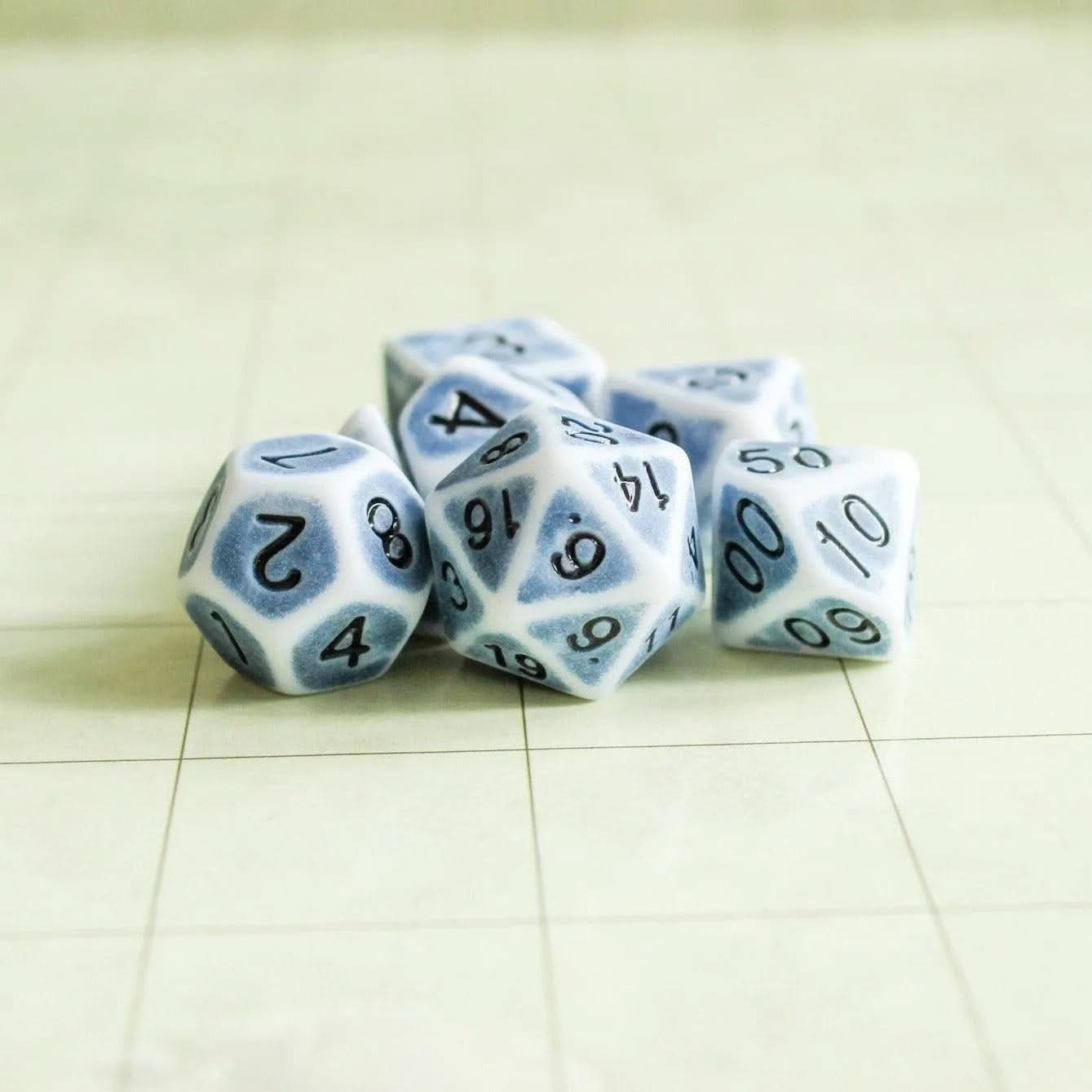 Archaic Blue and White TTRPG Dice Set | Blue Dice (7) | Polyhedral Dice Old Dice Faded Look Vintage