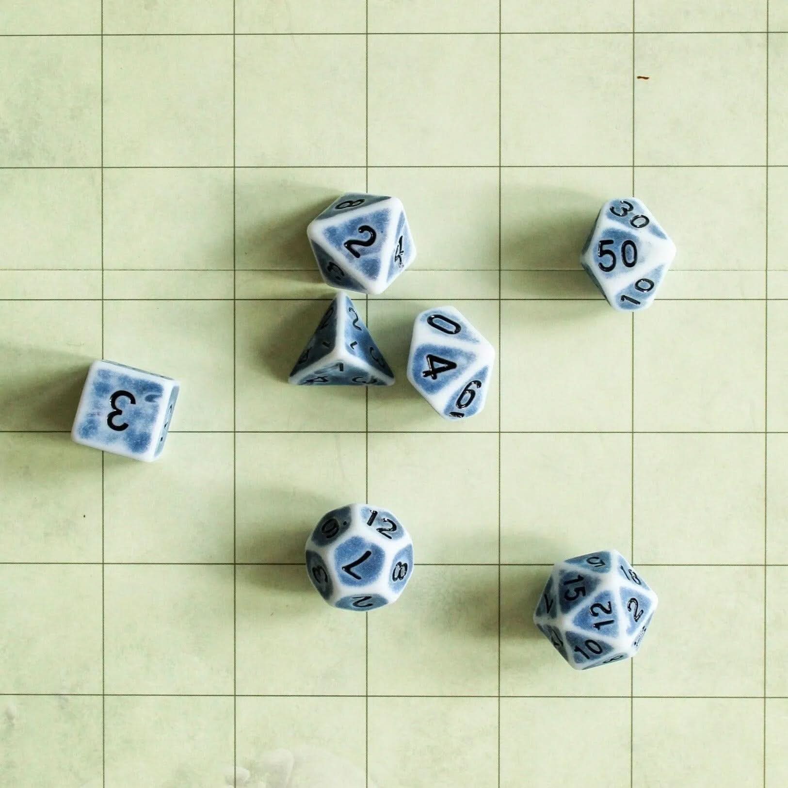 Archaic Blue and White TTRPG Dice Set | Blue Dice (7) | Polyhedral Dice Old Dice Faded Look Vintage