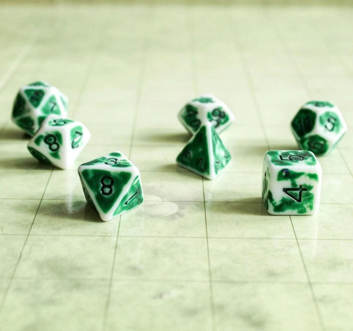 Archaic Green and White TTRPG Dice Set | Blue Dice (7) | Polyhedral Dice Faded Dice Vintage worn look