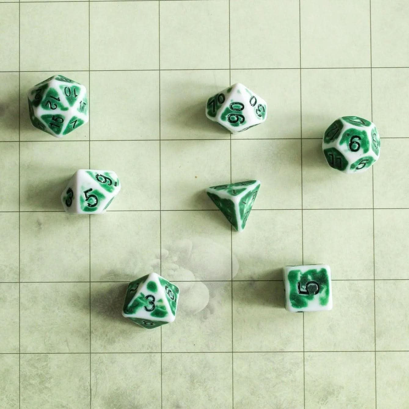 Archaic Green and White TTRPG Dice Set | Blue Dice (7) | Polyhedral Dice Faded Dice Vintage worn look
