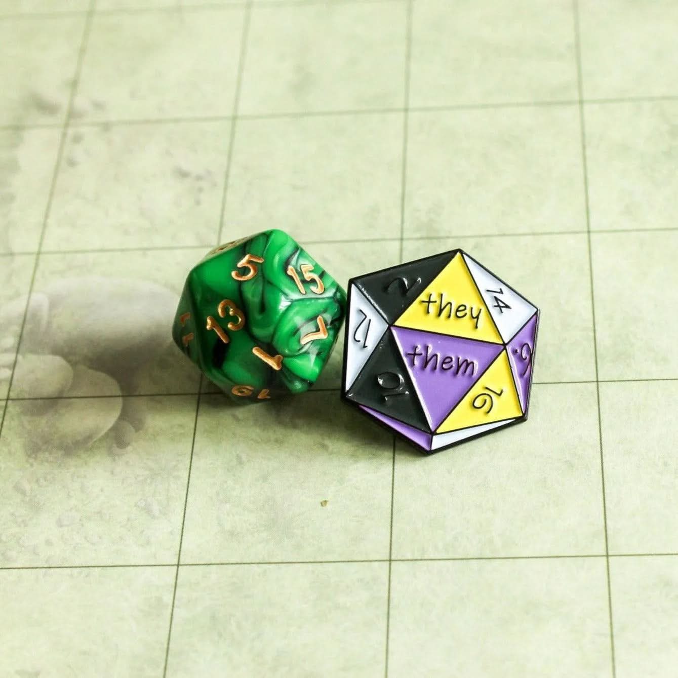 TTRPG They/Them Enamel Pin, D20 Black White Purple non-binary they them pronoun badge pride