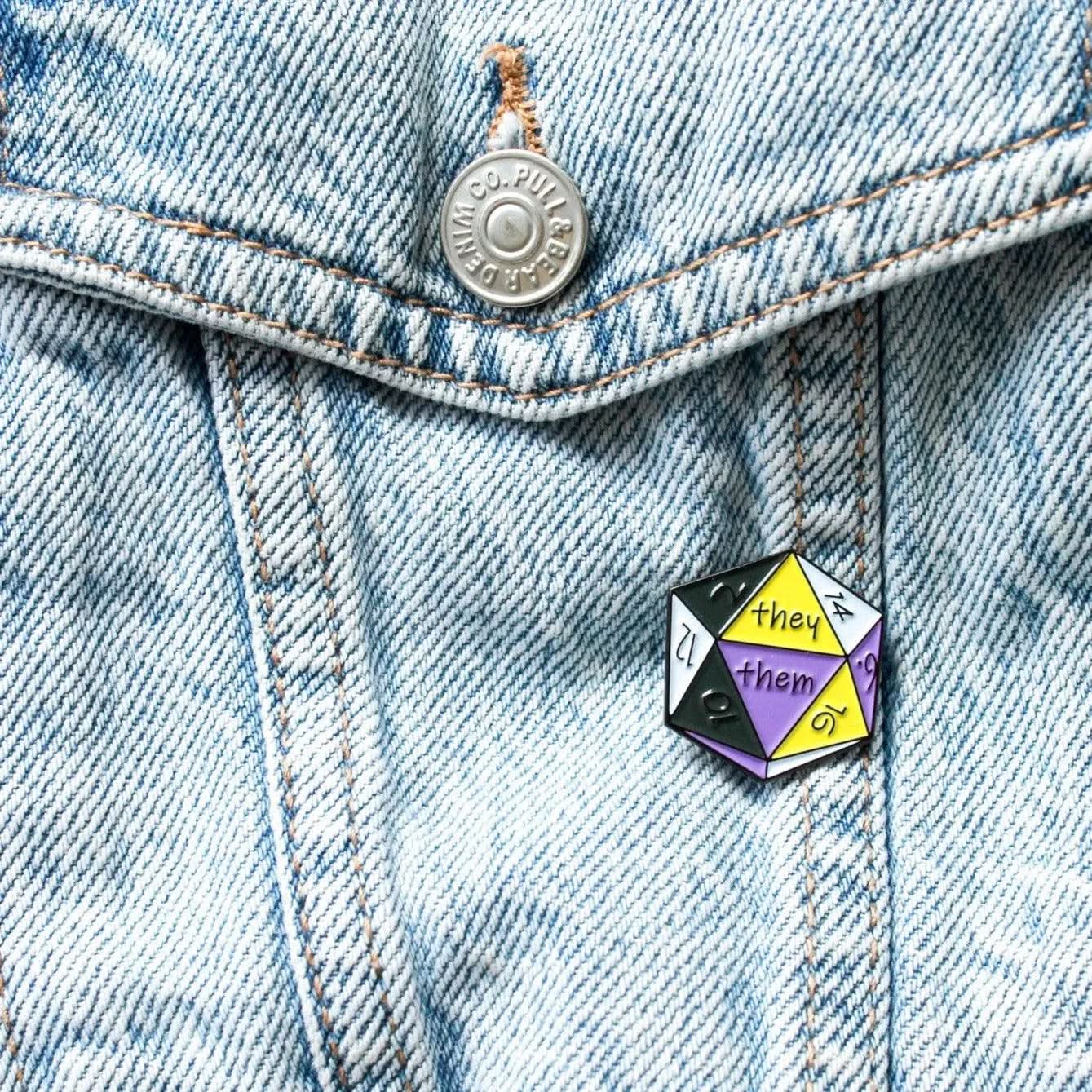 TTRPG They/Them Enamel Pin, D20 Black White Purple non-binary they them pronoun badge pride