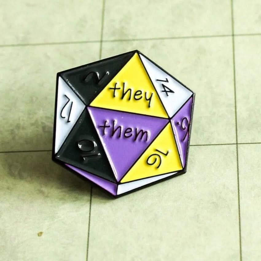 TTRPG They/Them Enamel Pin, D20 Black White Purple non-binary they them pronoun badge pride