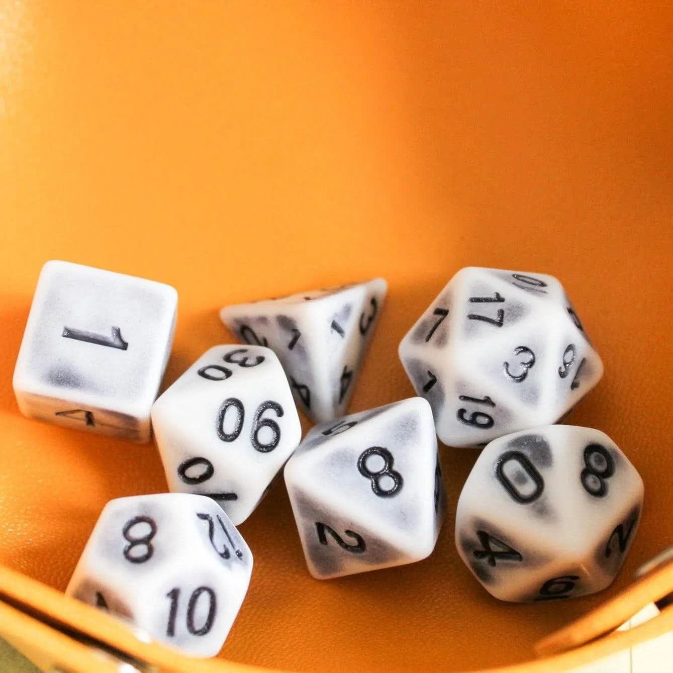 Archaic Gree TTRPG Dice Set | Grey Dice (7) | Polyhedral Dice Black and White Old Fashioned Vintage Dice - MysteryDiceGoblins