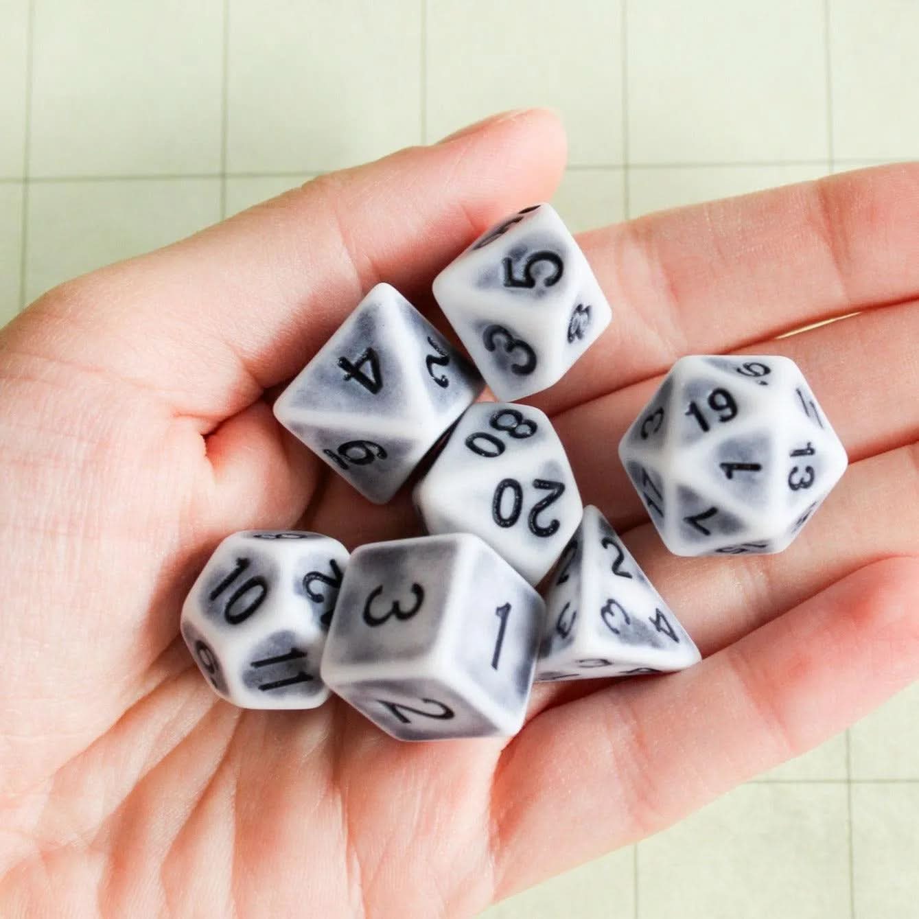 Archaic Gree TTRPG Dice Set | Grey Dice (7) | Polyhedral Dice Black and White Old Fashioned Vintage Dice - MysteryDiceGoblins