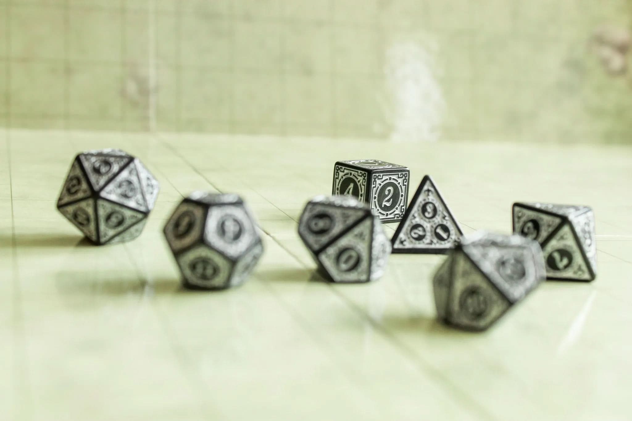 White Zoltar TTRPG Dice Set | White Zoltar Dice (7) | Polyhedral Dice | TTRPG | Chunky Dice | Old Fahsioned | Black Lined - MysteryDiceGoblins