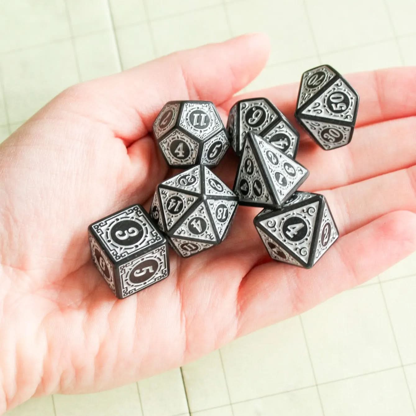 White Zoltar TTRPG Dice Set | White Zoltar Dice (7) | Polyhedral Dice | TTRPG | Chunky Dice | Old Fahsioned | Black Lined - MysteryDiceGoblins