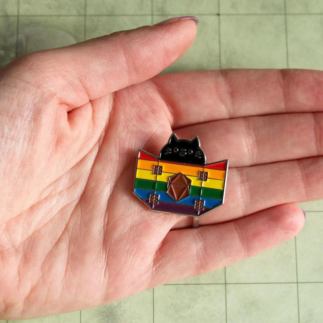 TTRPG Gift Rainbow Pride Dungeon Meowster Cat Badge Enamel Pin Broach LGBTQ - MysteryDiceGoblins