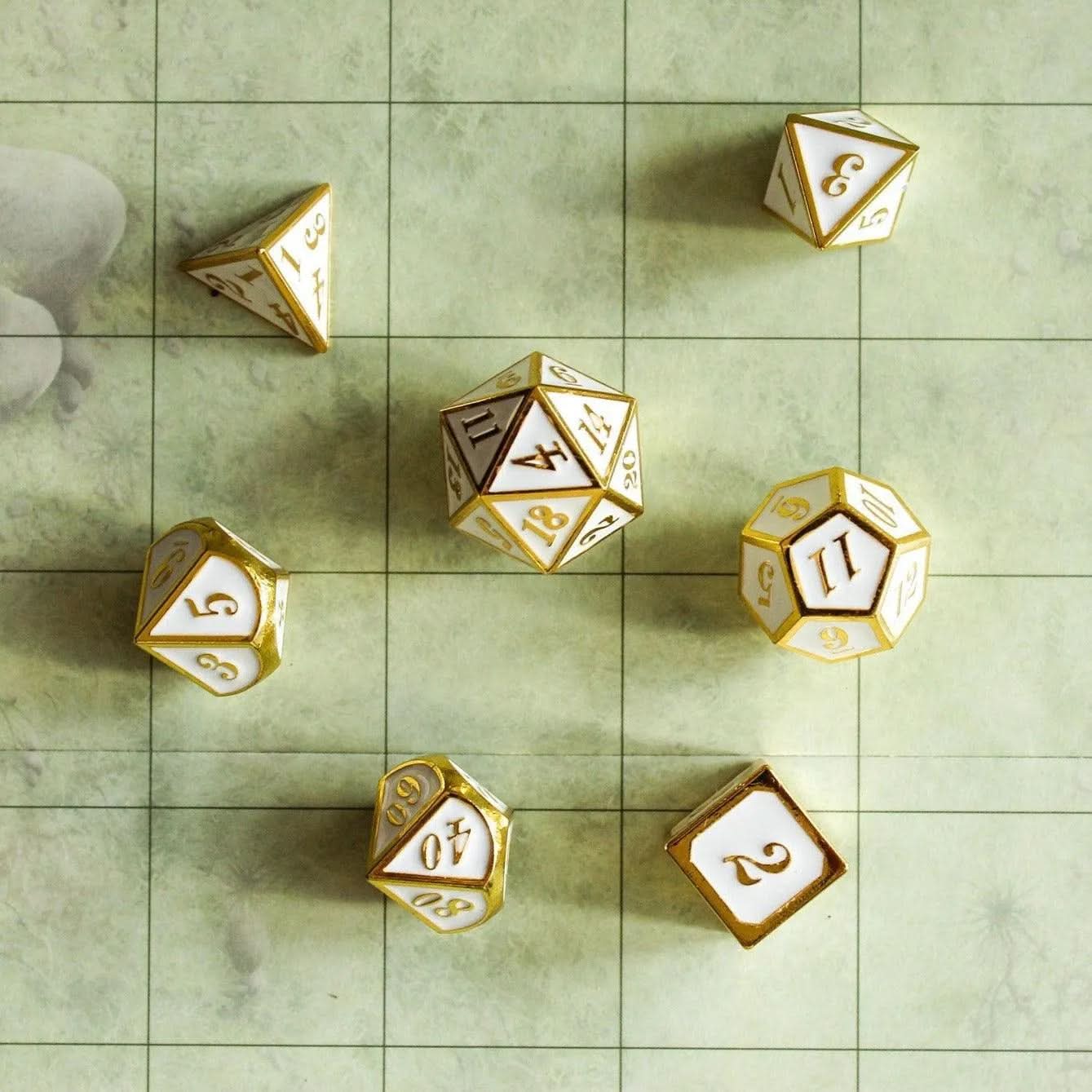 White and Gold Metal Dice Set | TTRPG Dice | White metal dice with Gold Writing - MysteryDiceGoblins