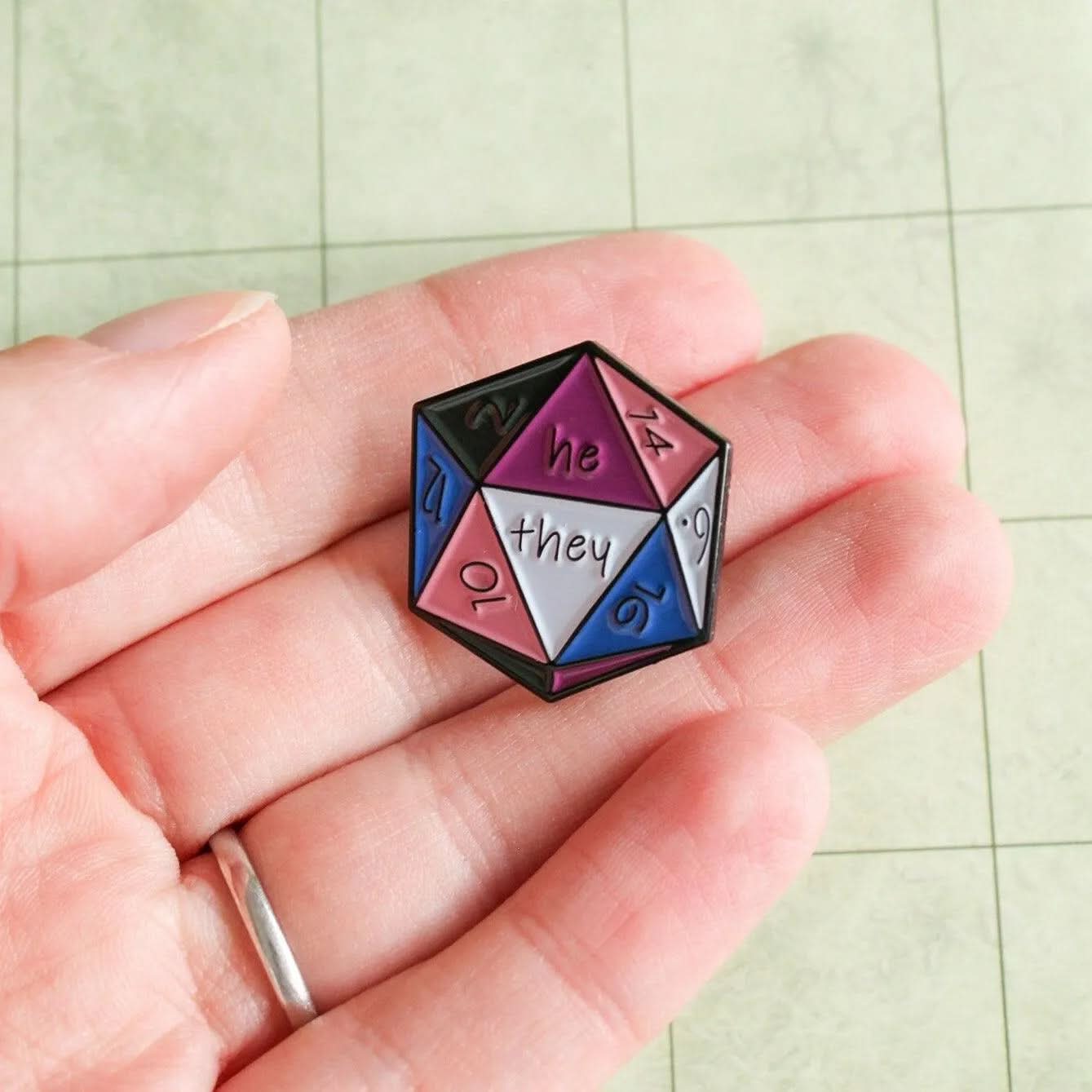 TTRPG He/They Enamel Pin, D20 Black White Pink Purple non-binary he they pronoun badge pride - MysteryDiceGoblins