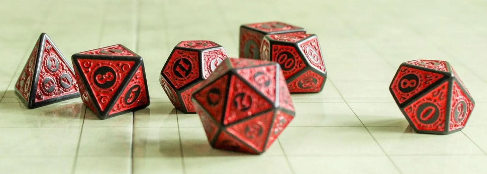 Red Zoltar TTRPG Dice Set | Red Zoltar Dice (7) | Polyhedral Dice | TTRPG | Chunky Dice | Old Fahsioned | Black Lined - MysteryDiceGoblins